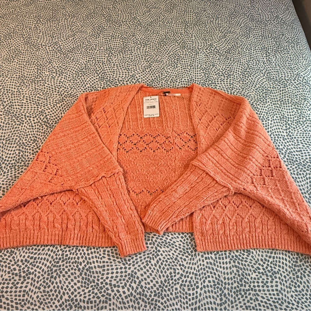 Free People | Textured Knit Open Front Cardigan, "Pinched Cheeks Combo" Coral - Picture 6 of 10